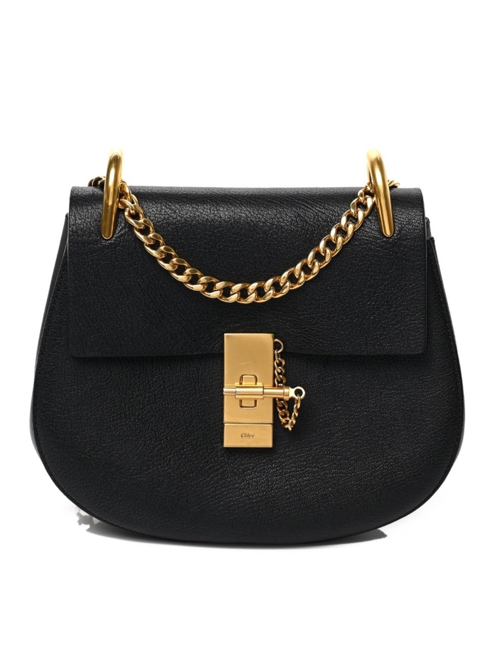 Chloe Drew Black Leather Shoulder Bag with Gold Chain